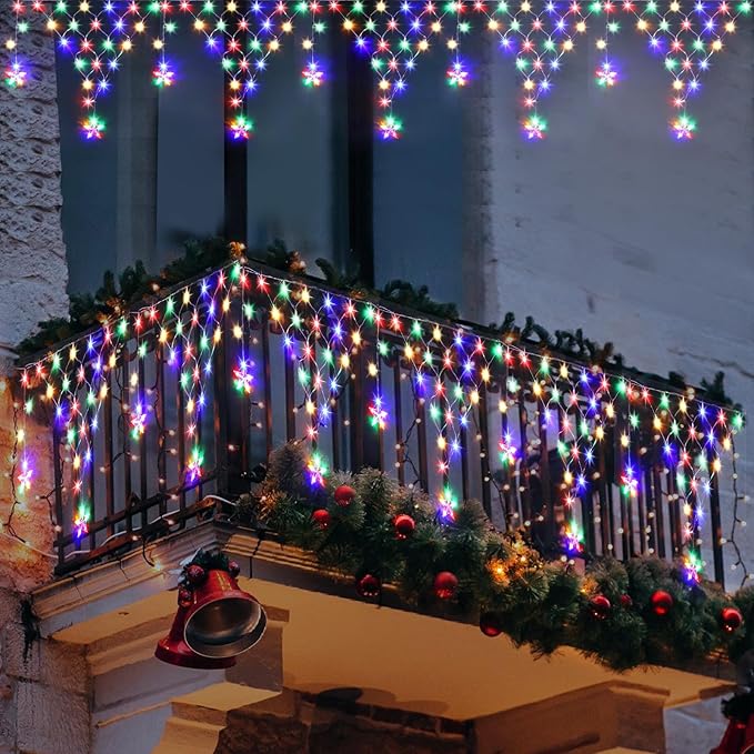 Christmas Lights Outdoor Decorations 218 LED 13.8ft Curtain Fairy Lights with 12 Drops, Clear Wire LED String Light Decor with 8 Modes for Wedding Party Holiday Christmas Home Indoor Outdoor Decor