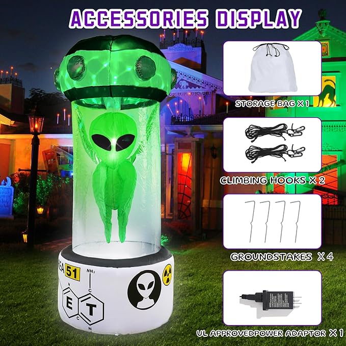 DearSun 8FT H Towering Halloween Inflatable Alien, Huge Halloween Outdoor Decoration,Blow Up Area 51 UFO Alien with Built-in LED Light Strong Blower for Large Party Yard Decoration