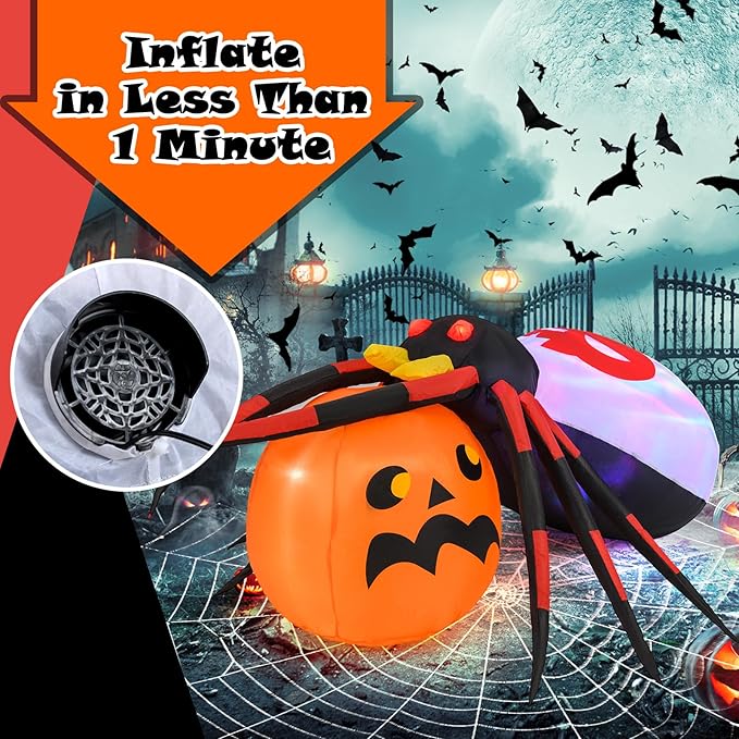 Goplus 5 Ft Length Halloween Inflatables, Spider Outdoor Decoration with Pumpkin, Magic Disco Light, Shimmering Red Eyes, Built-in LED Lights, Blow up Yard Decoration for Party, Yard, Lawn, Patio