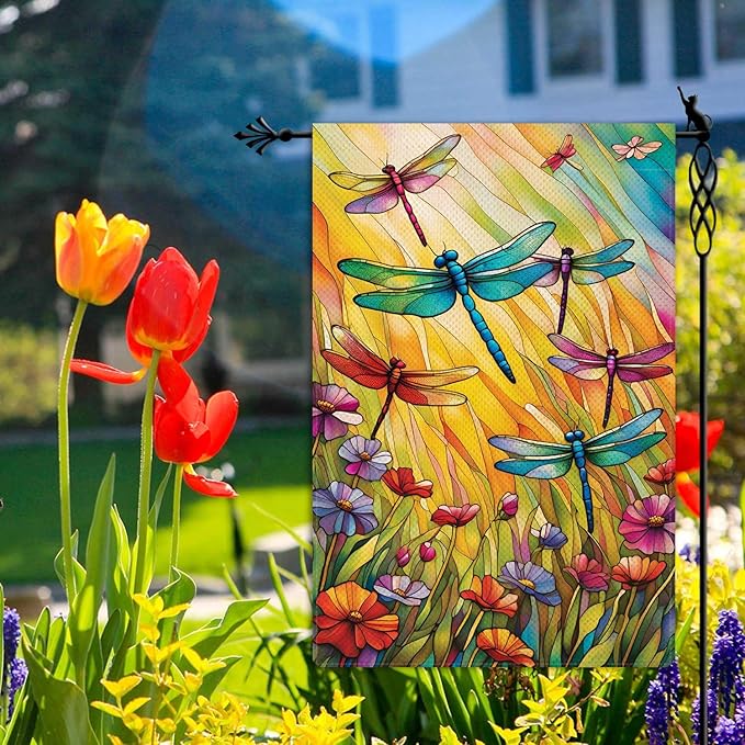 Spring Summer Dragonfly Garden Flag Floral Flowers Garden Flag Vertical Double Sided Rustic Farmland Burlap Yard Lawn Outdoor Decor 12.5x18"