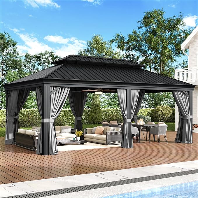 Aoxun Hardtop Gazebo 12x20 with Gutter, Upgraded Wider Aluminum Outdoor Gazebo with Galvanized Steel Double Roof, Patio Permanent Metal Pavilion with Netting and Privacy Curtain