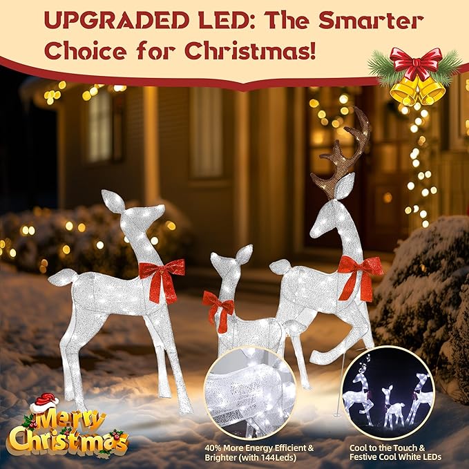 4.5Ft Lighted Reindeer Outdoor Christmas 2D Deer Family Sets Outdoor Reindeer Christmas Yard Decoration with LEDs/Stakes/Zip Ties for Holiday Patio Lawn Garden