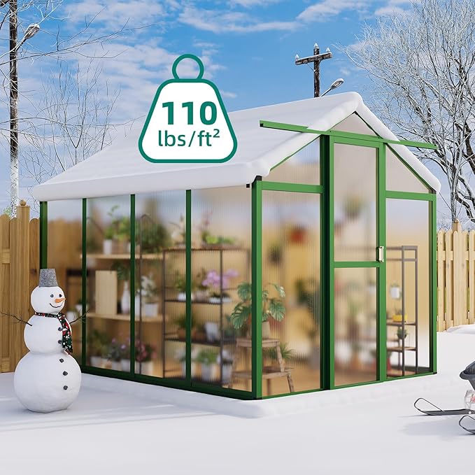 6x8 ft Greenhouse, Large Aluminum Greenhouses for Outdoors, Heavy Duty Polycarbonate Greenhouse with Roof Vent, Walk-in Green Houses for Winter Garden, Backyard, Patio, Lawn, Easy Assembly