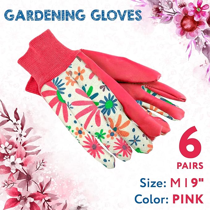Floral Gardening Gloves for Women, 9 Inch. 6 Pairs Cotton Work Gloves with Knit Wrist. Gardening Gifts for Women