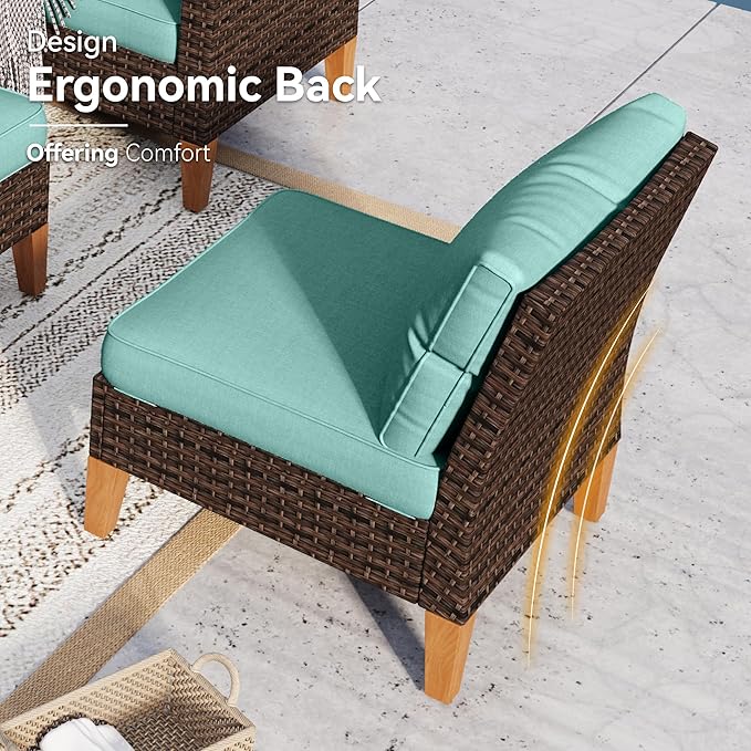GREEN PARTY 7 Pieces Wicker Patio Furniture Set, All-Weather Outdoor Rattan Half-Moon Patio Curved Sectional Sofa Conversation Set for Garden, Backyard, 2 x Ottomans (Blue)
