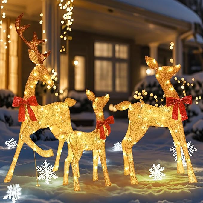 4.5Ft Lighted Reindeer Outdoor Christmas 2D Deer Family Sets Outdoor Reindeer Christmas Yard Decoration with LEDs/Stakes/Zip Ties for Holiday Patio Lawn Garden