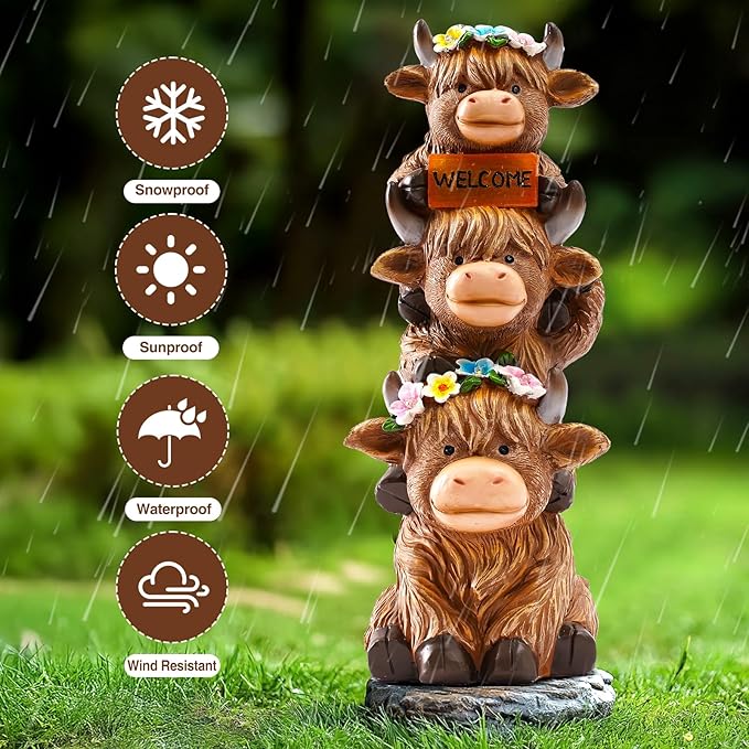 16 in Large Garden Highland Cow Statue Solar Garden Sculptures & Statues with Flower Decoration Birthday Gifts for Women Mom Funny Triple Big Highland Cow Decor for Yard Garden Patio Lawn Ornaments