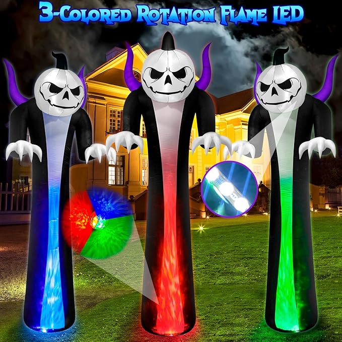 12FT Halloween Inflatables Decoration Outdoor Giant Pumpkin Reaper Ghost Built-in 3-Colored Rotation Flame LED Halloween Blow Up Yard Decorations Spooky Outdoor Party Yard Lawn(1PCS)