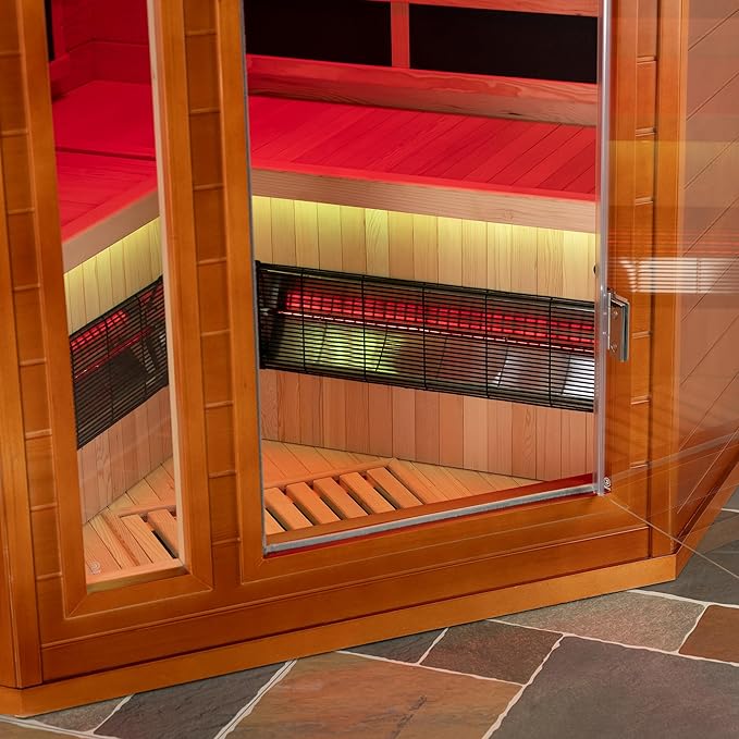 Woodbridge Infrared Sauna Room 2 Person Hemlock Wood Indoor Corner Sauna with 7 Carbon Heaters, Red Light Therapy,Bluetooth Speaker,Intelligent Dual Control System,Tempered Glass,Exterior Brim Light