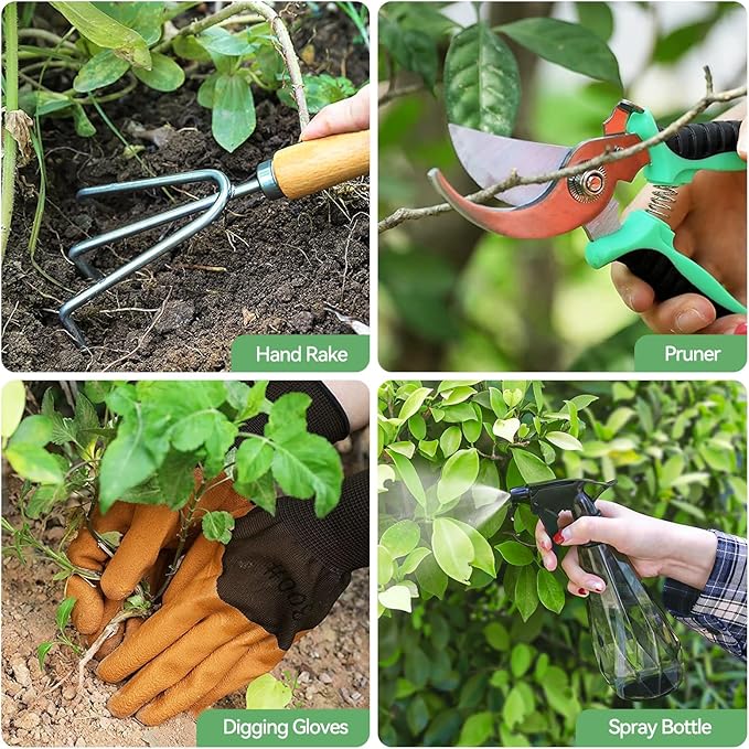 Gardening Tools 9-Piece Heavy Duty Garden Hand Tools with Fashion and Durable Garden Tools Organizer Handbag, Rust-Proof Garden Tool Set, Ideal Gardening Gifts for Women (Pink)