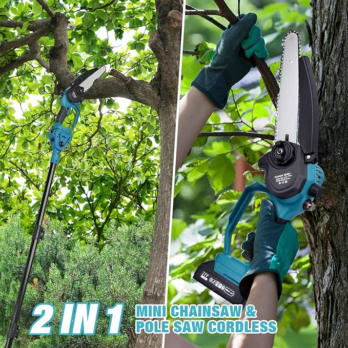 2-in-1 Electric Pole Saw, 6” & 8” Mini Chainsaw Cordless with Extension Pole & 2 x 21V Batteries, Tree Trimmer Tool for Branch Cutting & Pruning, Home & Garden & DIY