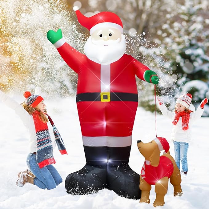 12 Foot Inflatable Christmas Santa Claus with Dog Outdoor Decoration LED Lights Blow up Santa Claus for Lawn Garden Christmas Party Holiday Decor Easy Setup and Storage
