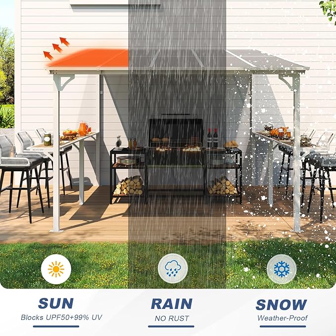 MEISSALIVVE 10' x 10' Wall Mounted Gazebo, Outdoor BBQ Grill Gazebo with Side Shelf, Lean to Metal Awnings with Sloped Roof, Heavy Duty Pergola for Backyard, Deck, White