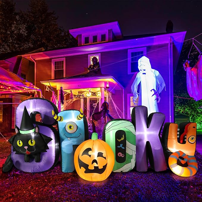 VCUTEKA 8.6FT Halloween Inflatable Spooky Pumpkin Cat Outdoor Decoration, Blow Up Decor with LED Lights for Holiday Party Inflatables Indoor Home Garden Lawn Yard Decorations