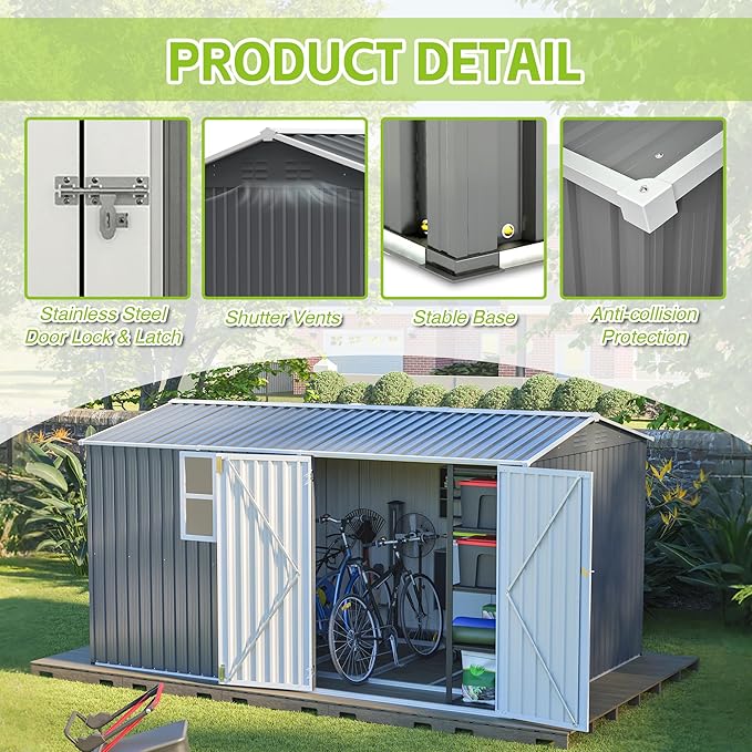 8x12 FT Shed Outdoor Storage Metal Large Garden Tool Sheds with Lockable Doors Floor Frame Window Gable Roof Waterproof Steel Utility Equipment Sheds for Backyard Patio Lawn Poolside, Grey