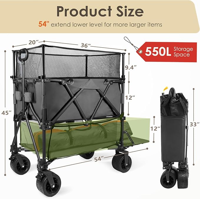 HOPERAN 550L XXL Wagons Carts Foldable, 54" Extra Length & Height Double Deck Collapsible Wagon Cart with Tailgate, 8" Big All-Terrain Wheels, 550lbs Load Utility Grocery Cart for Camping,Sports,Beach
