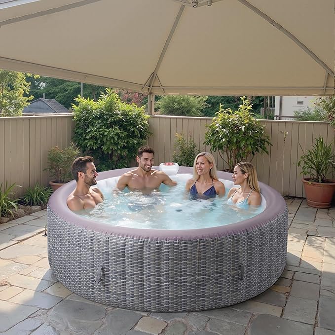 UHOMEPRO Inflatable Hot Tub Spa Set, Outdoor Bubble Massage Portable Hot Tubs with 130 Soothing Jets, Insulated Cover, Internal Heater Pump, 6 Filter Cartridges (Round)
