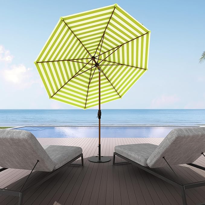 Midtown Umbrellas The Wooden 2-10 Feet Large Patio Umbrella, Terylast Green & White Stripes Fabric, Aluminum Frame For Backyard Umbrella, Deck Umbrella, Garden Umbrella & Pool Umbrella - Wooden Pole