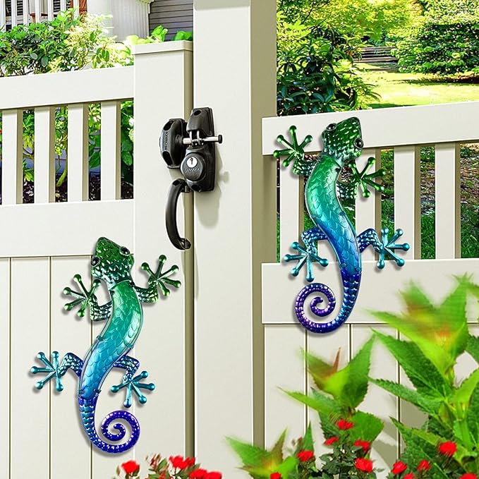 HONGLAND Metal Gecko Wall Art 15 Inch Lizard Outdoor Decor Lizards Garden Sculpture for Yard Fence 2 Pack