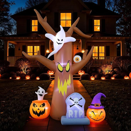 8FT Halloween inflatables Tree, Blow Up Yard Scary Dead Tree with Pumpkin Ghost Tombstone Inflatable for Garden Lawn Indoor Party Decor, Halloween Decorations Outdoor