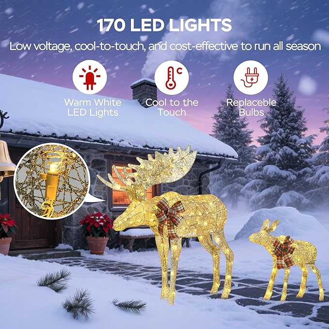 Outdoor Lighted Deer Christmas Decor, Moose & Fawn 2-Piece Set Xmas Holiday Decorations with 170 Warm White LEDs, Champagne Gold Twine, 3D Design, Ground Stakes, for Yards, Garden, Lawn