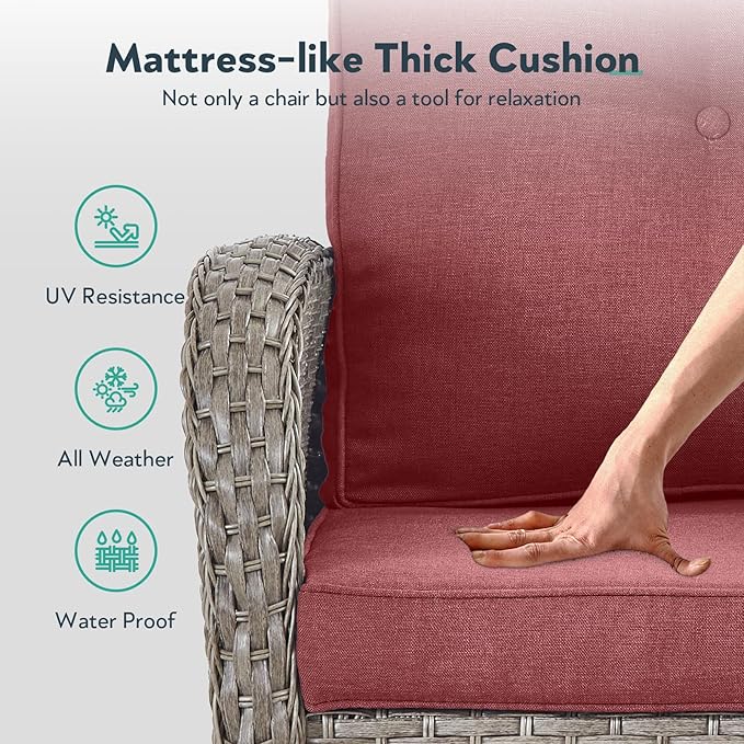 7 Piece Patio Furniture Set - Wicker Patio Conversation Set with Swivel Glider, 3 Seat Sofa, 2 Ottomans, Glass Side Table and Coffee Table for Deck Backyard - Grey Wicker Red Cushion