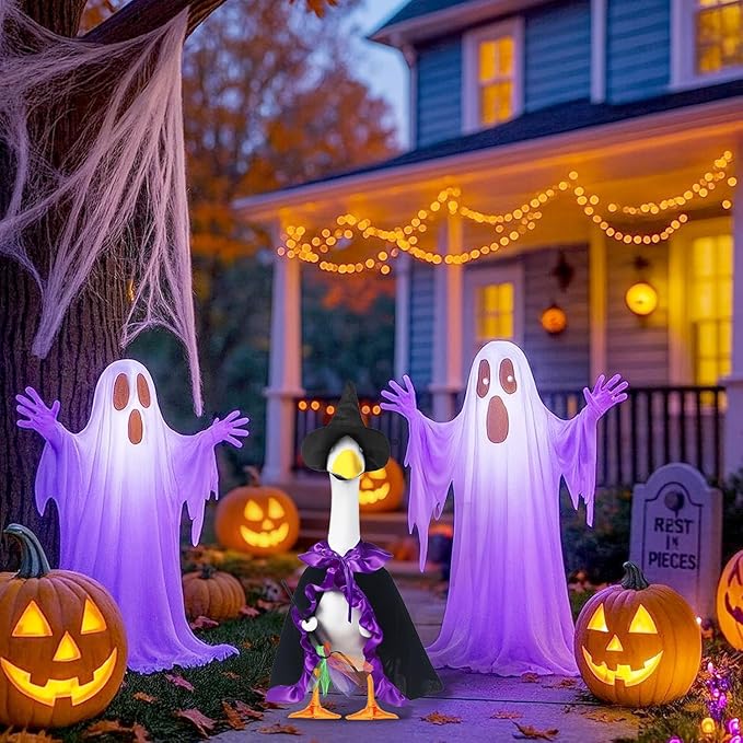 Halloween Porch Goose Witch Outfits Set for 23” Cement Lawn Goose Statue Clothes Broom Cape Costume for Patio Lawn Garden Art Decor