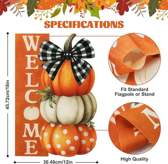 Thanksgiving Garden Flags 12x18 Inch Double Sided, Fall Welcome Pumpkin Yard Flags for Outside, Farmhouse Front Porch Outdoor Autumn Decor Holiday All Seasons Decoration