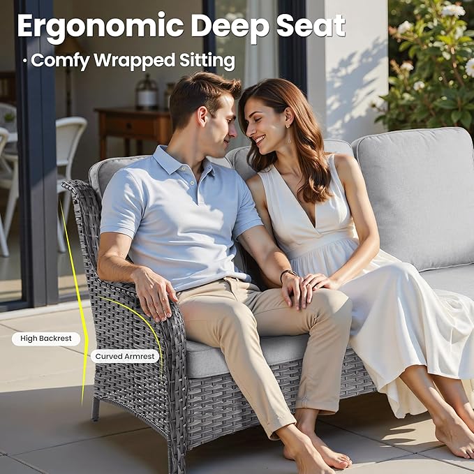 ovios 7 Pieces Patio Furniture Set, Outdoor Wicker Sofa Couch with Swivel Chairs 42" Fire Pit Table, High Back All Weather Modern Conversation Sets, Grey Rattan, Grey