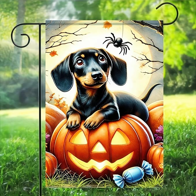 Halloween Garden Flags 12x18 Inch Double Sided Trick or Treat Dachshund Dog Garden Flag Halloween Dog Skeleton Decorations Banner Small Halloween Outdoor Yard Flag for Outside