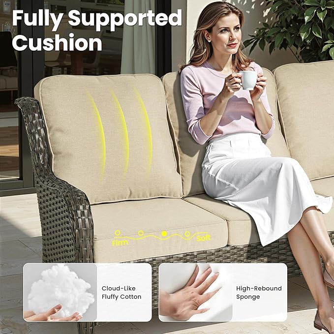 ovios 5 Pieces Patio Furniture Set, Outdoor Wicker Sofa Couch with Swivel Chairs 42" Fire Pit Table, High Back All Weather Modern Conversation Sets, Brown Rattan, Beige