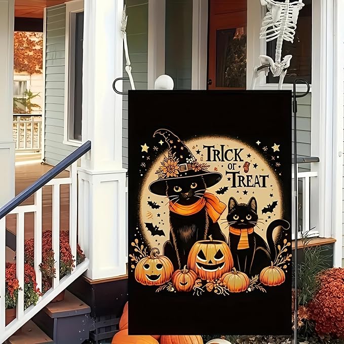 Halloween Ghost Black Cat Garden Flag 12 x 18 Inch Double Sided Spooky Pumpkin Welcome Yard Flag Holiday Seasonal Outdoor Outside Decoration Halloween Cat Garden Flag