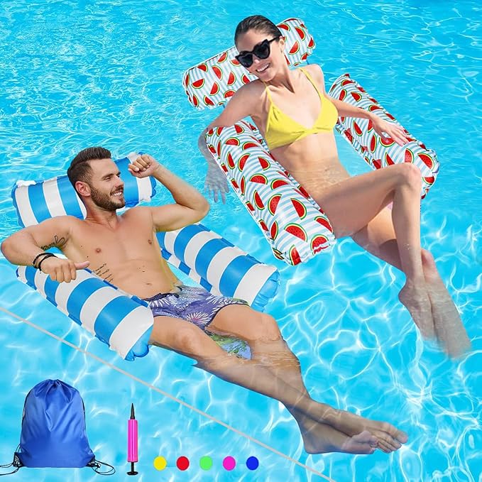 HJW 2-Pack Inflatable Pool Lounger Chair - Multi-Purpose Floating Hammock for Adults, Comfortable Pool Float Raft for Swimming Pool & Water Activities(Striped Light Blue + Watermelon)