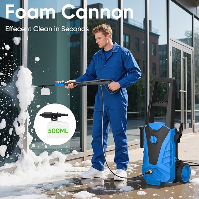 DUMOS Electric Pressure Washer, High Pressure Cleaning Machine with Foam Cannon, 2.0 GPM Power Washer with 5 Quick Connect Nozzles for Fences Decks Patios
