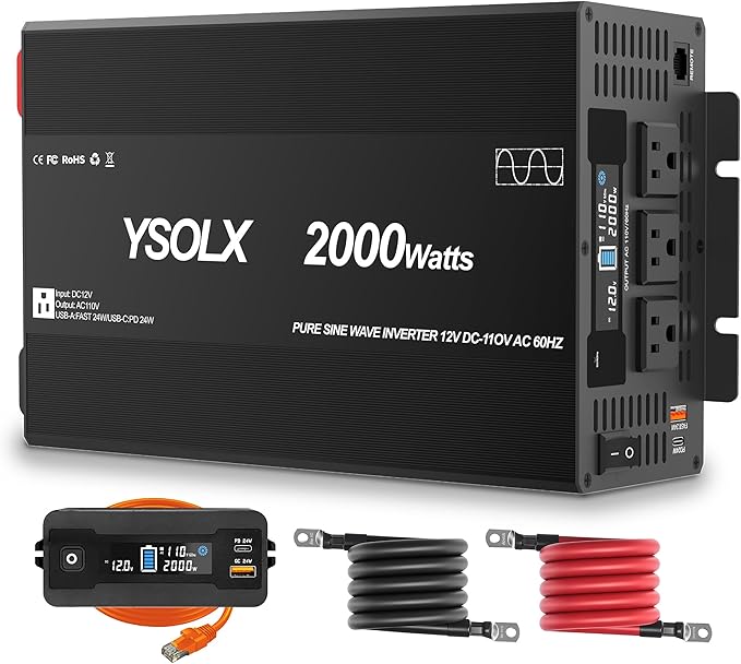 YSOLX 2000W Pure Sine Wave Power Inverter 12V to 110V/120V AC Converter for Home, RV, Truck, AC Hardwire Port, Remote Controller，Off-Grid Applications