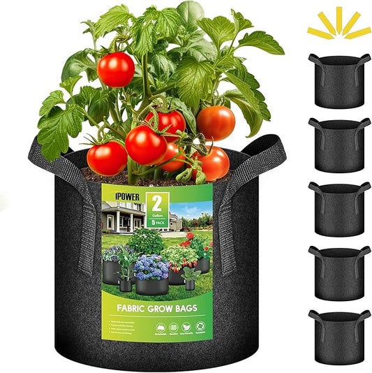 iPower 5 Pack 2 Gallon Grow Bags Heavy Duty 300G Thickened Nonwoven Fabric Plant Pots with 5 Labels & Handles for Outdoor Garden, Aeration Planter Bags for Fruits, Vegetables, Tomato & Flowers, Black