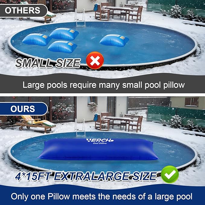 4 x 15 FT Pool Pillow for Above Ground Pool, 0.5mm Ultra Thick PVC Cold-Resistant Large Pool Cover Air Pillow with 32 Ft Rope Pool Pillow for Winterizing & Above Ground Pools
