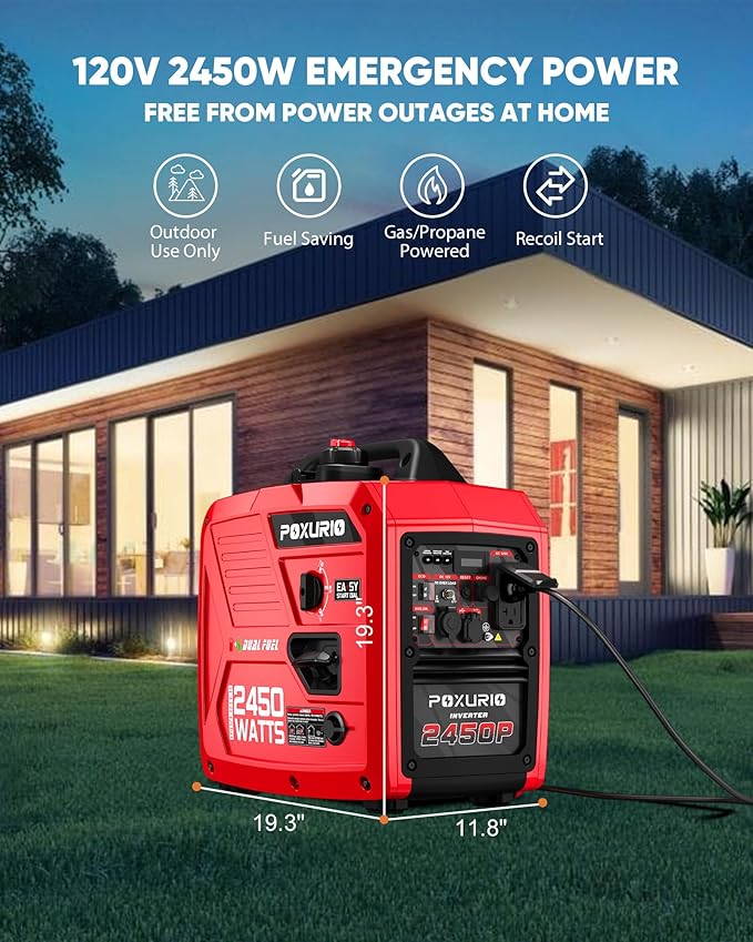 2450-Watt Dual Fuel Inverter Generator for Home Use, 1.6Gallon Large Fuel Tank Up to 8.3 Hours Use, 120V Gas Powered Generator Super Quiet - EPA Compliant, Red