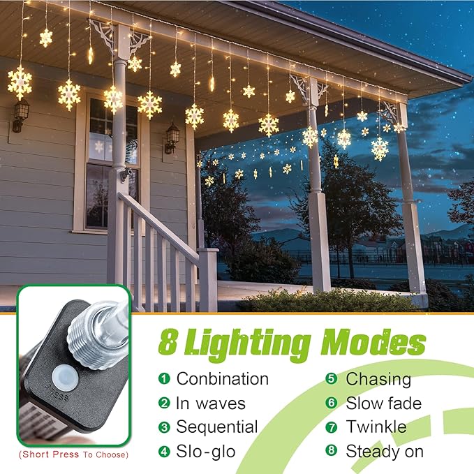 Christmas Snowflake Lights, 16.73ft Outdoor Led Snowflake Icicle Christmas Lights with 20 Drops, Waterproof Snowflake Lights Emit Warm White Lighting for Eaves, Window, Curtain Xmas Decorate