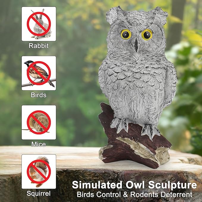 Owl Statue Figurine Home Decoration, Hand-Painted Owl on Branch, Waterproof, Fade-Proof Sculpture for Garden, Patio, Home Decor Statue (Gray)