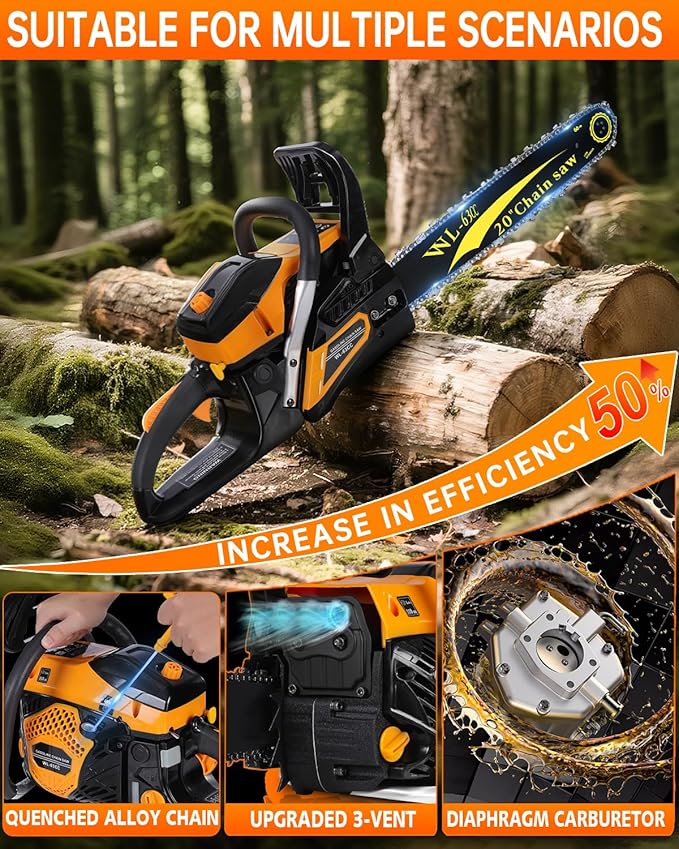 63cc Gas Powered Chainsaw 20 Inch, 3.2KW 2-Stroke Engine, Heavy Duty Gas Chain Saw with 2 Chains & 2 Bars, Automatic Oiler, Anti-Vibration Handle for Logging, Firewood & Tree Cutting