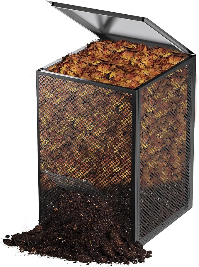 Compost Bin Outdoor - Large 93 Gallon Metal Perforated Sheet Compost Bucket with Rust-Proof Coating, Heavy-Duty & Easy Assembly, Fast Creation of Fertile Soil, for Garden, Kitchen & Yard Waste, Black