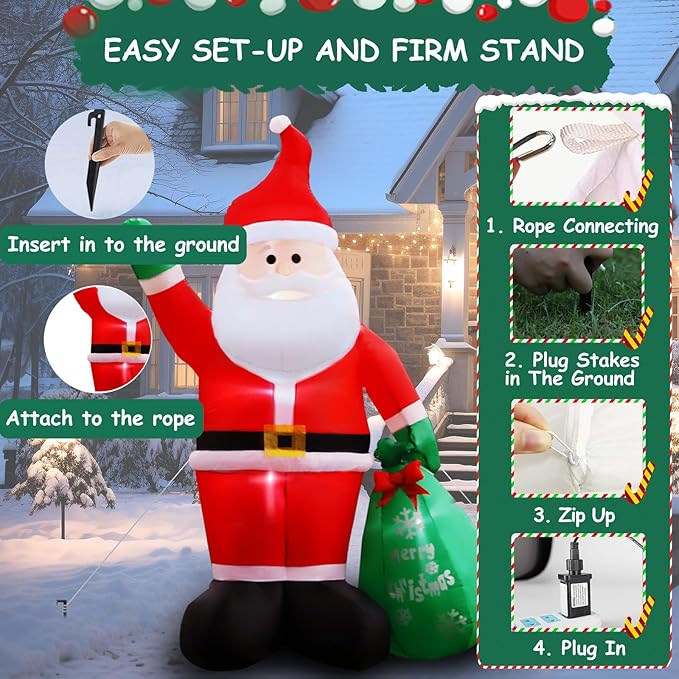 8FT Christmas Inflatables Santa Claus with Gifts Bag Inflatable Christmas Outdoor Decoration IP44 Xmas Blow up Santa Claus with Built-in 4 LED Lights Large Blow up Santa for Outdoor、Indoor、Yard Party