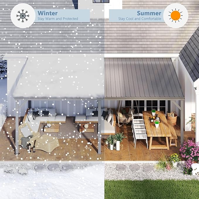 Domi 12’x20’ Wall-Mounted Hardtop Gazebo Pergola – Permanent Lean-to Outdoor Shelter with Sloped Galvanized Steel Roof & Upgraded Drainage – Gray Metal Patio Cover for Backyard, Deck, Garden