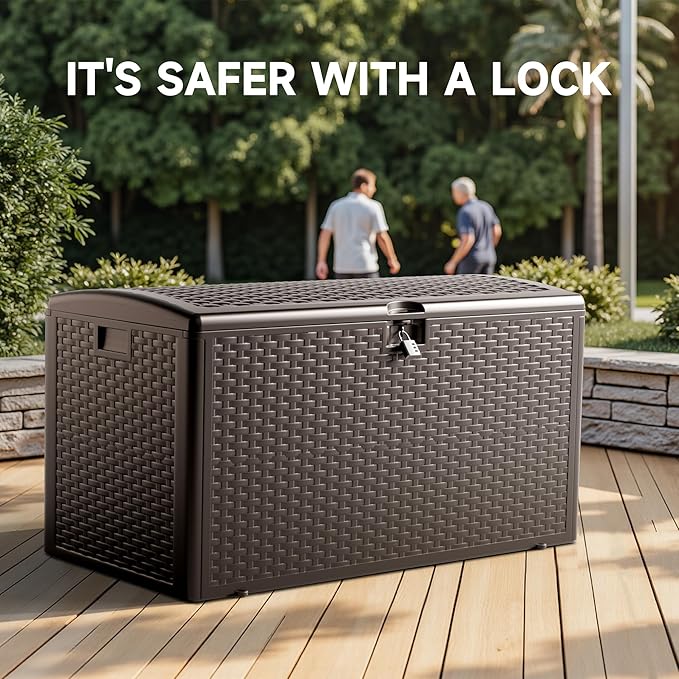 73-Gallon Resin Deck Box, Secure All-Weather Waterproof and UV-Resistant Storage for Patio, Garden, and Pool Equipment (Brown)
