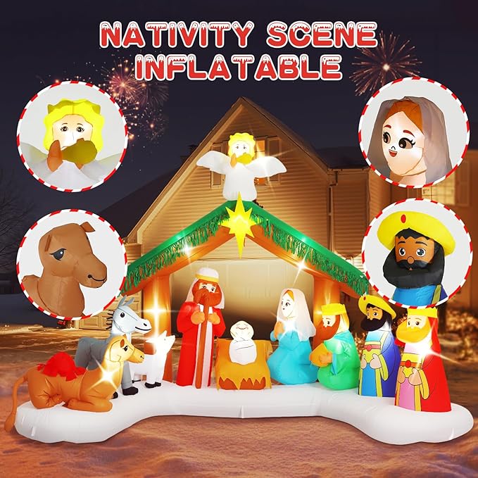 Elegear 12FT Christmas Inflatables Nativity Scene Outdoor Decorations, Giant Christmas Blow Ups Inflatables with Built-in LED Lights & Manger Scene, Large Nativity Set Outdoor for Yard Lawn Xmas Decor