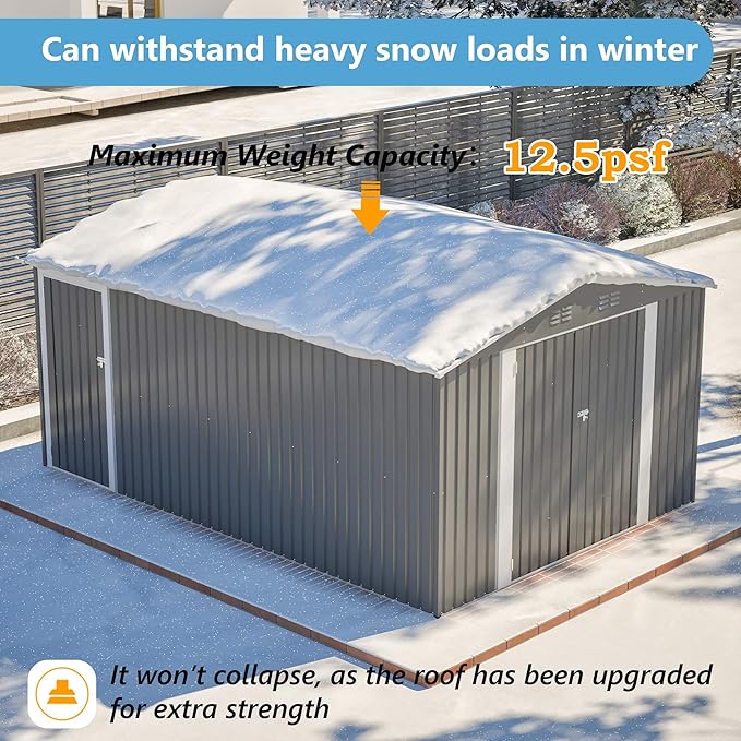 10x14 FT Shed Outdoor Storage Metal Large Garden Tool Sheds with 3 Lockable Doors Floor Frame Gable Roof Waterproof Steel Utility Equipment Sheds for Backyard Patio Lawn Poolside, Grey