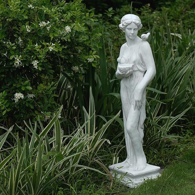 Outdoor Statue with Birdbath Bird Bath Bowl, Nymph Sculpture Goddess of Greek Mythology Roman Style for Patio Yard Lawn Porch Decor, Grey (Nymph)