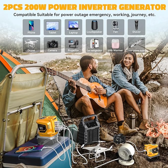 2 Packs Real 200W Power Inverter Compatible with Dewalt 18V/20V, VoLtTech Battery Inverter DC 20V to AC 110V Portable Phone Charger Generator Power Supply with 2 USB Ports & 1 Type-C & 1 AC Outlet