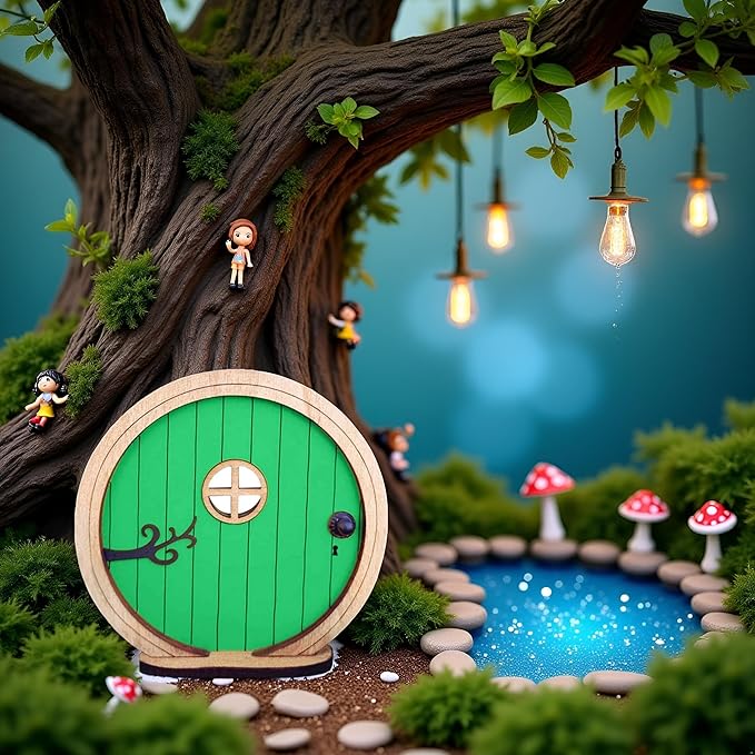 1Pc Fairy Garden Door for Tree, Fairys Doors for Trees Outdoor and Tree Trunk, Mini Fairy Garden Sculpture Lawn Ornament Decor, Fairys Tales Door Decoration，Gardens Miniatures (Green)